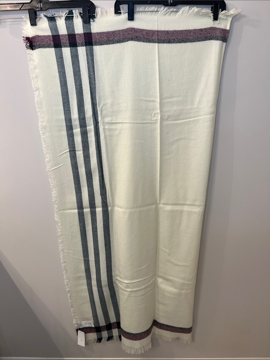 Under Zero Accessories - Cream Plaid Fringe Wrap Scarf with Black, Charcoal and Burgundy Accents